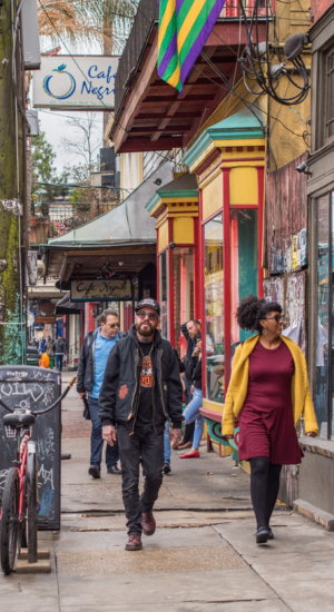 New Orleans, LA/USA - Jan. 28, 2018: People hanging out on Frenchman Street, the popular strip for nightlife in Marigny, next to the French Quarter. Frenchman is popular with locals and tourists alike